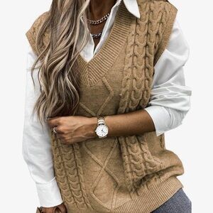 Elegant Tan V-Neck Cable Knit Sweater Vest